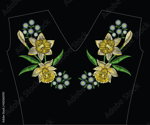 Fototapeta Naklejka Na Ścianę i Meble -  Embroidery stitches with yellow narcissus daffodil, chamomile in pastel color. Vector fashion ornament on black background for traditional floral decoration. Pattern for textile and fabrics.