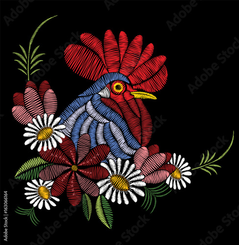 Embroidery stitches with rooster, wildflowers, chamomile, leaves. Vector floral ornament decoration on black background.