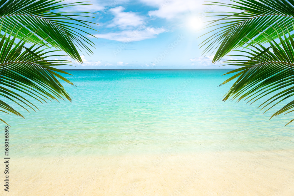 Naklejka premium Słoneczna tropikalna plaża z palmami