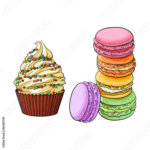 Hand drawn desserts - cupcake and stack of colorful macaron, macaroon cakes, sketch vector illustration isolated on white background. Realistic hand drawing of cupcake and macaron, macaroon biscuits
