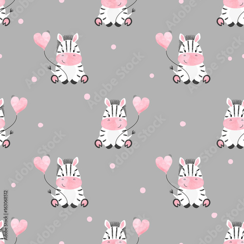 Cute zebra with balloon seamless pattern. Vector kids background. Baby print.
