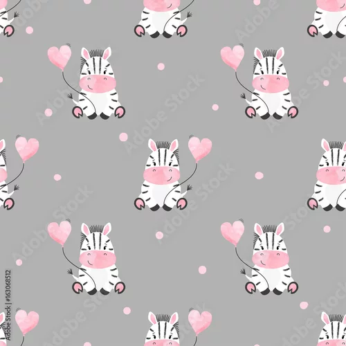 Tapeta Śliczna zebra z balonu bezszwowym wzorem. Tło dla dzieci. Nadruk dla niemowląt.