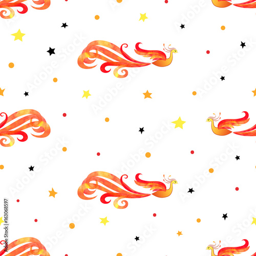 Seamless watercolor Firebird pattern. Vector background with flaming Phoenix bird.