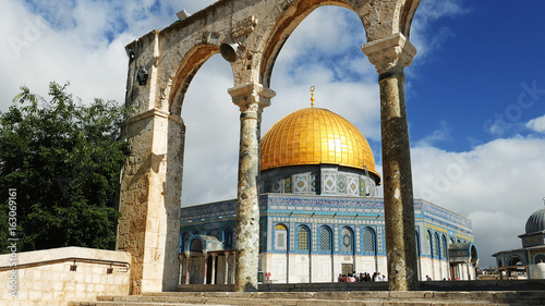 Dome of the Rock in Jerusalem over the Temple Mount. Golden Dome is the most known mosque and landmark in Jerusalem and sacred place for all muslims. photo