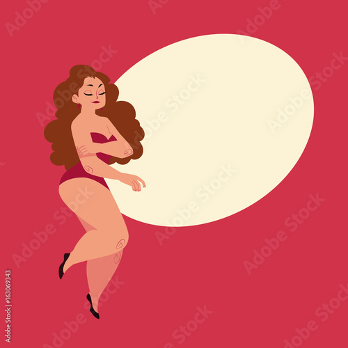 Pretty plump, plus size Caucasian curvy woman, girl in swimming suit, top view cartoon vector illustration with space for text. Top view portrait of pretty plump woman in swimming suit
