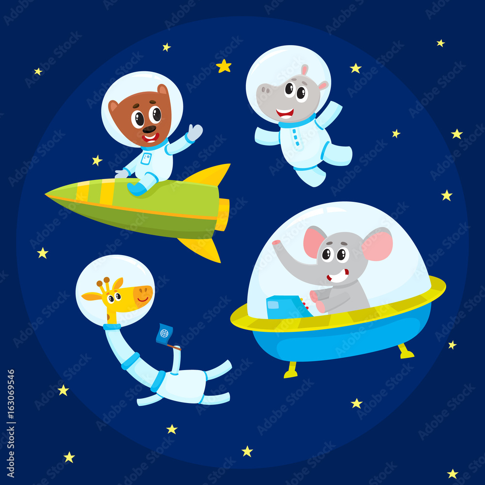 Fototapeta premium Cute little animal astronaut, spaceman characters - elephant, giraffe, hippo, bear - in open space, cartoon vector illustration. Elephant, giraffe, hippo, bear astronaut, spaceman characters in space