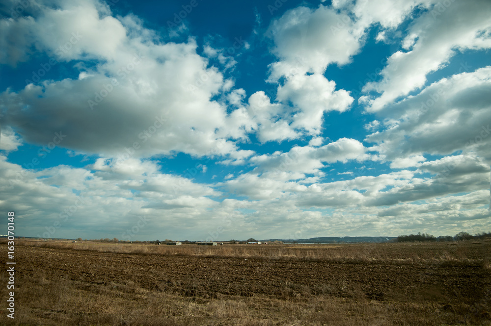 early spring field and skies