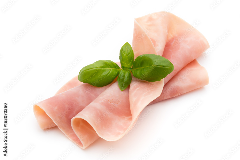 Thin slices of ham on white background. Thin slices of ham on white background.
