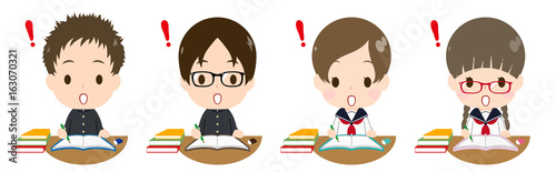 勉強する学生セット　びっくりマーク