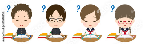 勉強する学生セット　はてなマーク
