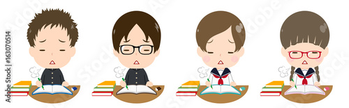 勉強する学生セット　溜息