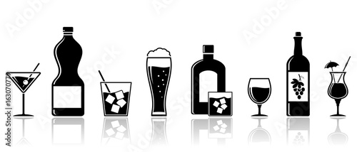 Alcohol drinks icons. Banner design. Cocktails, wine, whiskey beer Vector set