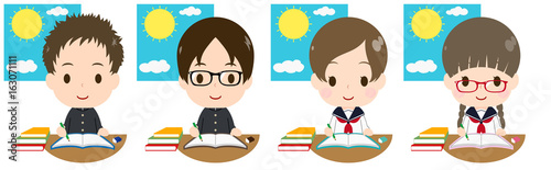 日中に勉強する学生セット