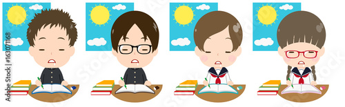 日中に勉強する学生セット　うとうと