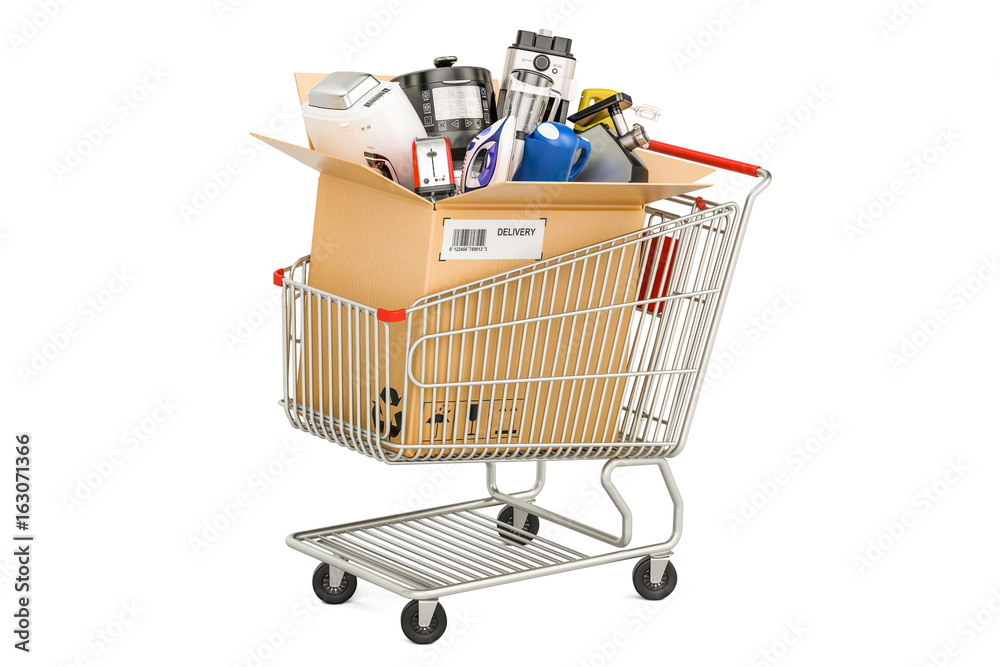 Cardboard box with household and kitchen appliances in the shopping cart. 3D rendering Cardboard box with household and kitchen appliances in the shopping cart. 3D rendering