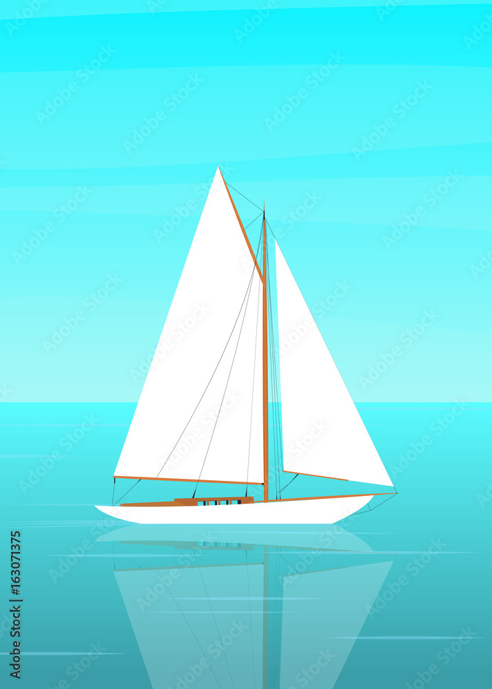 Sailboat in the open sea. The sailboat and the reflection in the water. Vector illustration in flat style