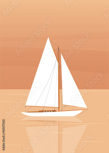 Sailboat in the open sea. The sailboat and the reflection in the water. Vector illustration in flat style