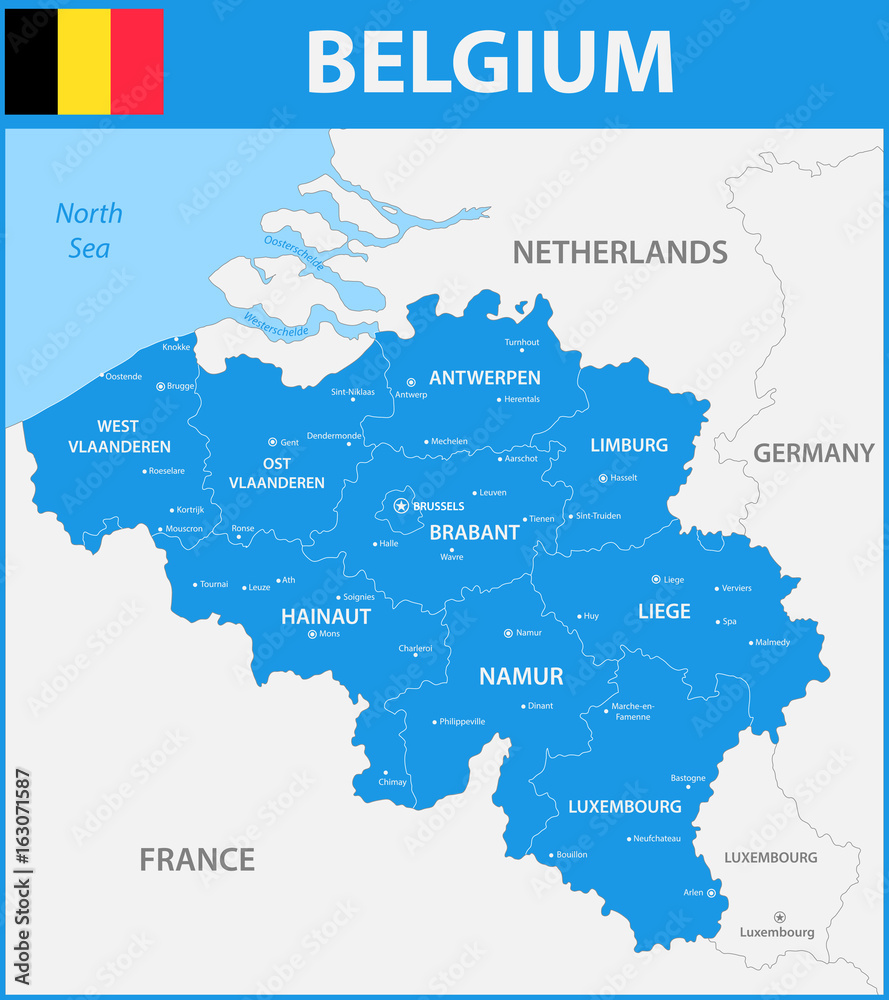 The detailed map of the Belgium with regions or states and cities, capitals.