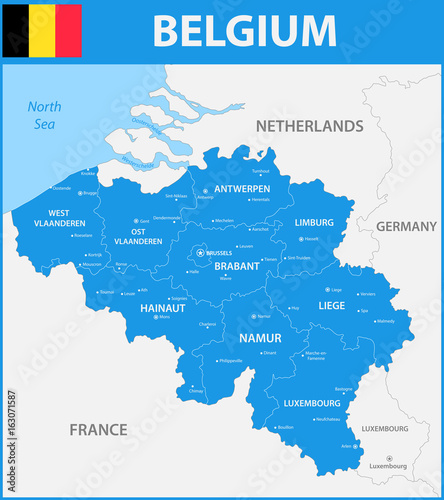 The detailed map of the Belgium with regions or states and cities  capitals.