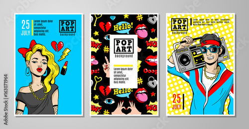 Vector cards and banners in 80s-90s comic style.