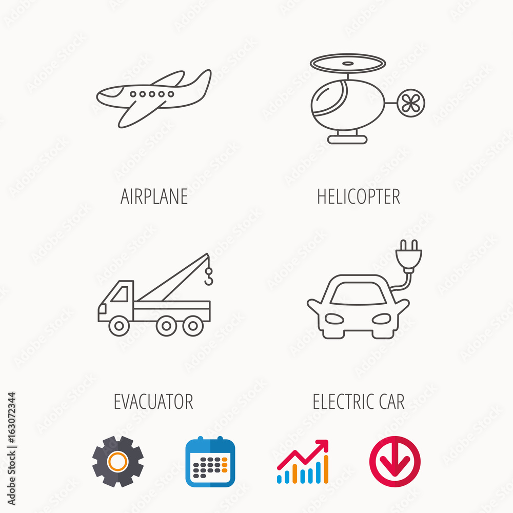 Electric car, airplane and helicopter icons. Evacuator linear sign. Calendar, Graph chart and Cogwheel signs. Download colored web icon. Vector