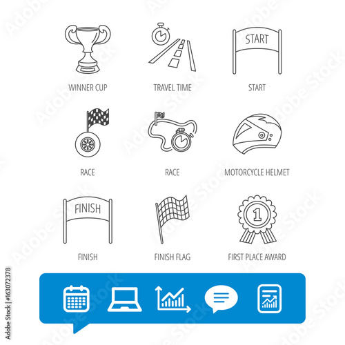 Winner cup and award icons. Race flag  motorcycle helmet and timer linear signs. Road travel  finish and start flat line icons. Report file  Graph chart and Chat speech bubble signs. Vector