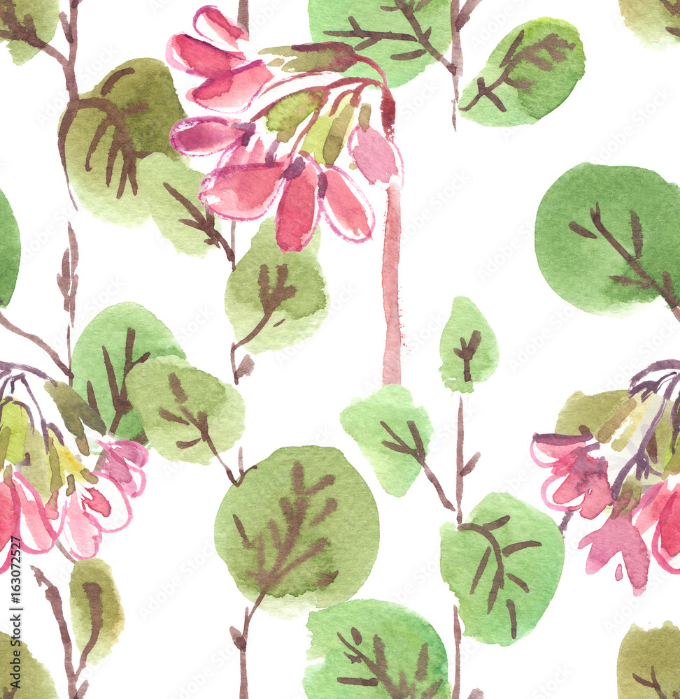 Seamless pattern with small round green leaves and cute pale pink spring flowers painted in watercolor on white isolated background