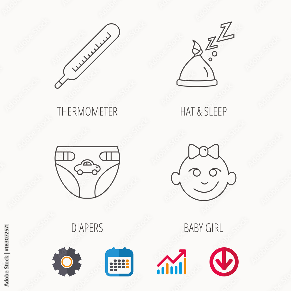 Thermometer, diapers and sleep hat icons. Baby girl linear sign. Calendar, Graph chart and Cogwheel signs. Download colored web icon. Vector