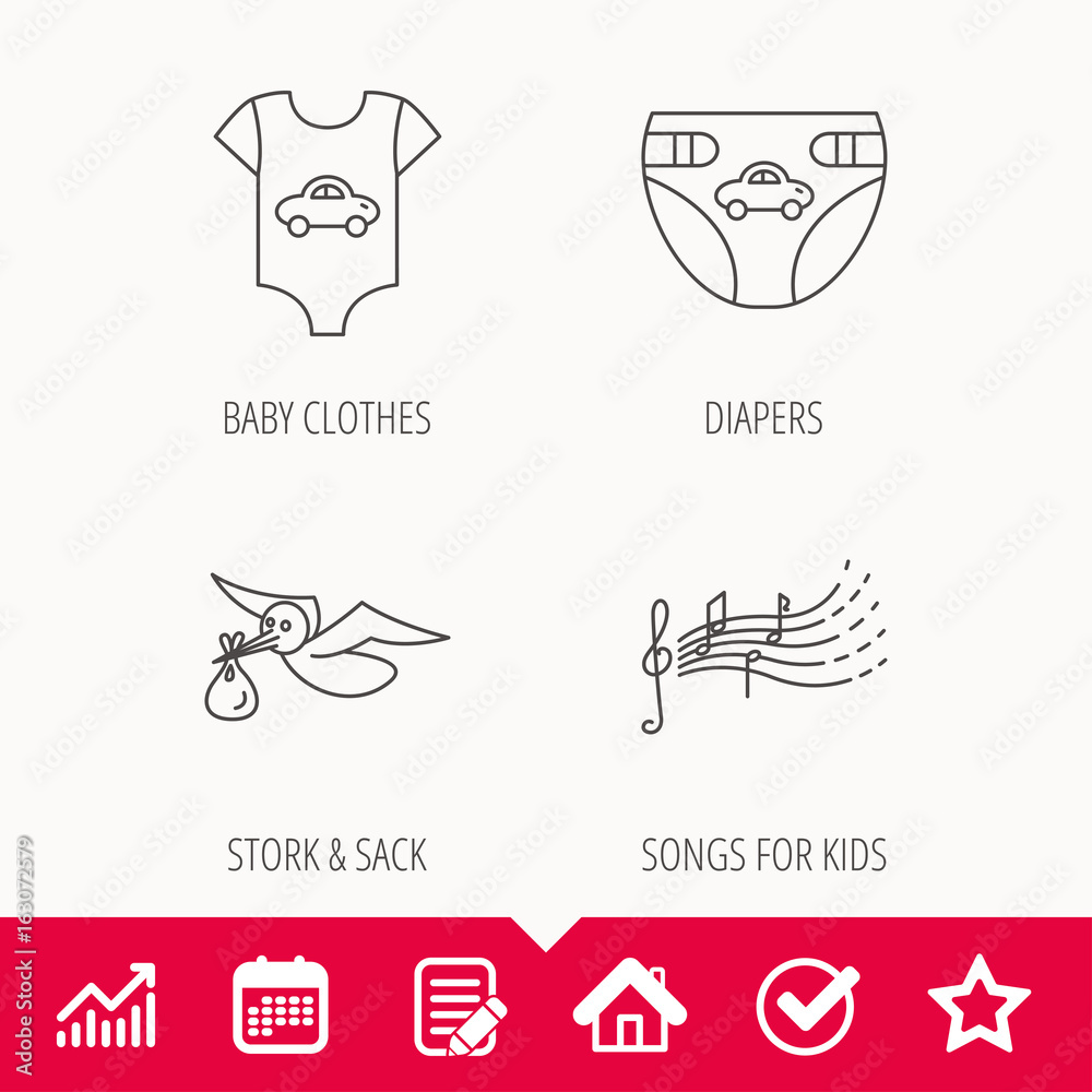 Diapers, newborn clothes and songs for kids icons. Stork with sack linear sign. Edit document, Calendar and Graph chart signs. Star, Check and House web icons. Vector