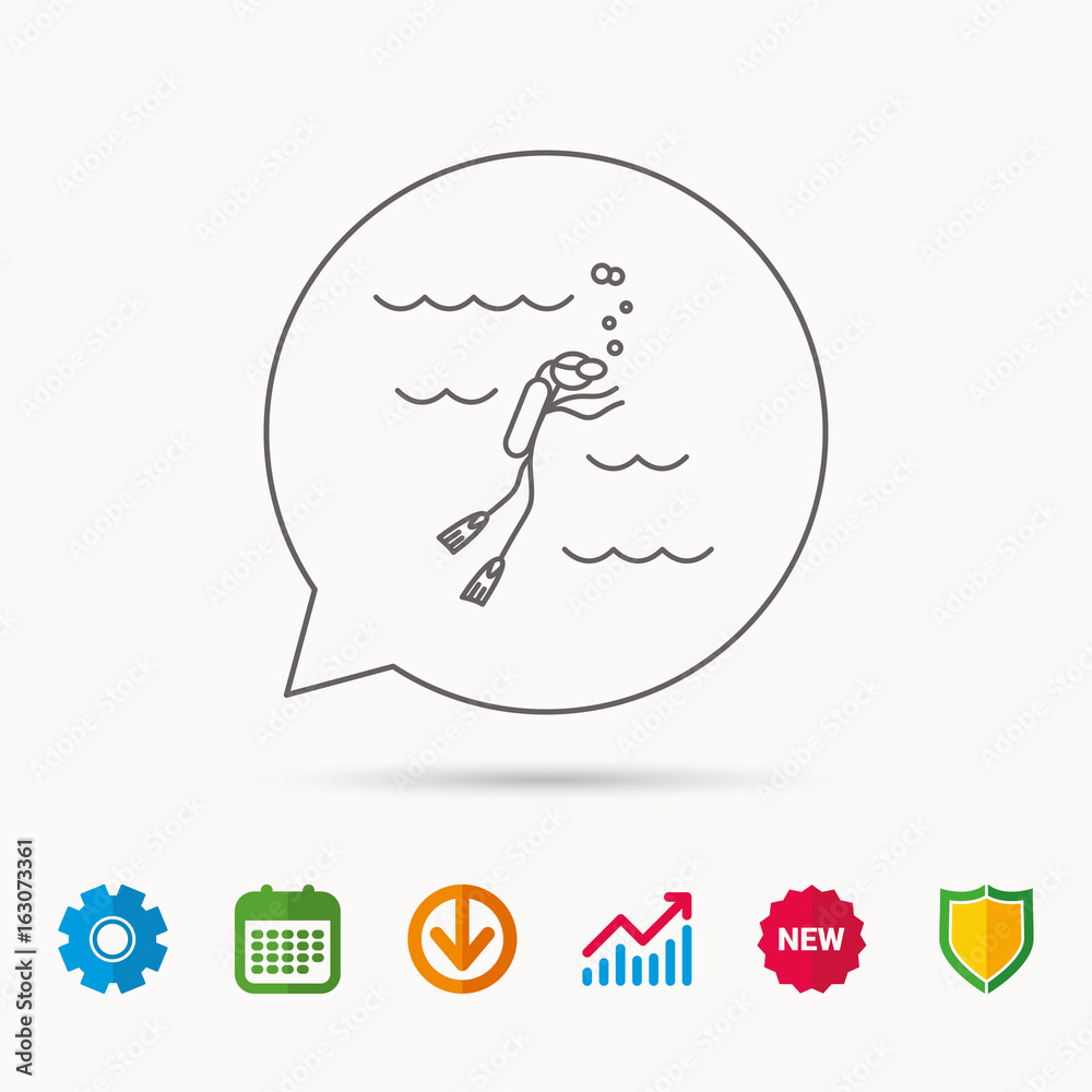 Diving icon. Swimming underwater with tube sign. Scuba diving symbol. Calendar, Graph chart and Cogwheel signs. Download and Shield web icons. Vector