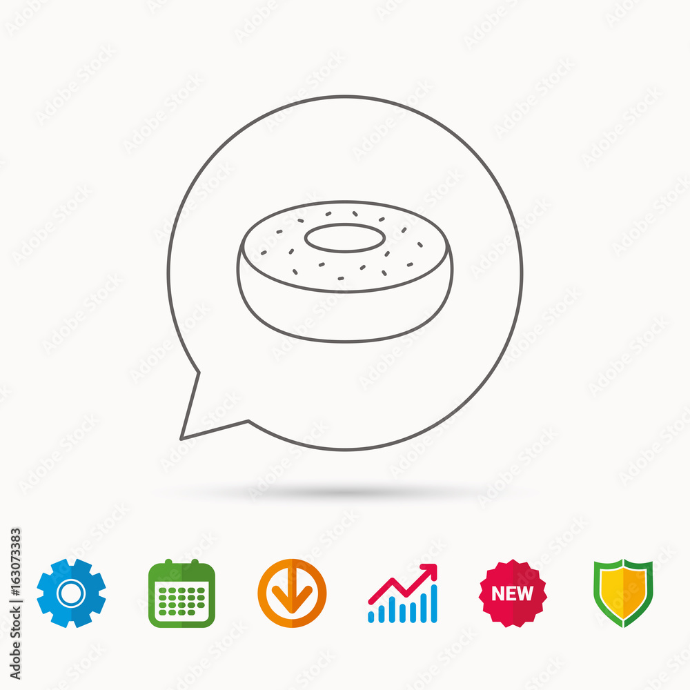 Donut icon. Sweet doughnuts sign. Breakfast dessert symbol. Calendar, Graph chart and Cogwheel signs. Download and Shield web icons. Vector