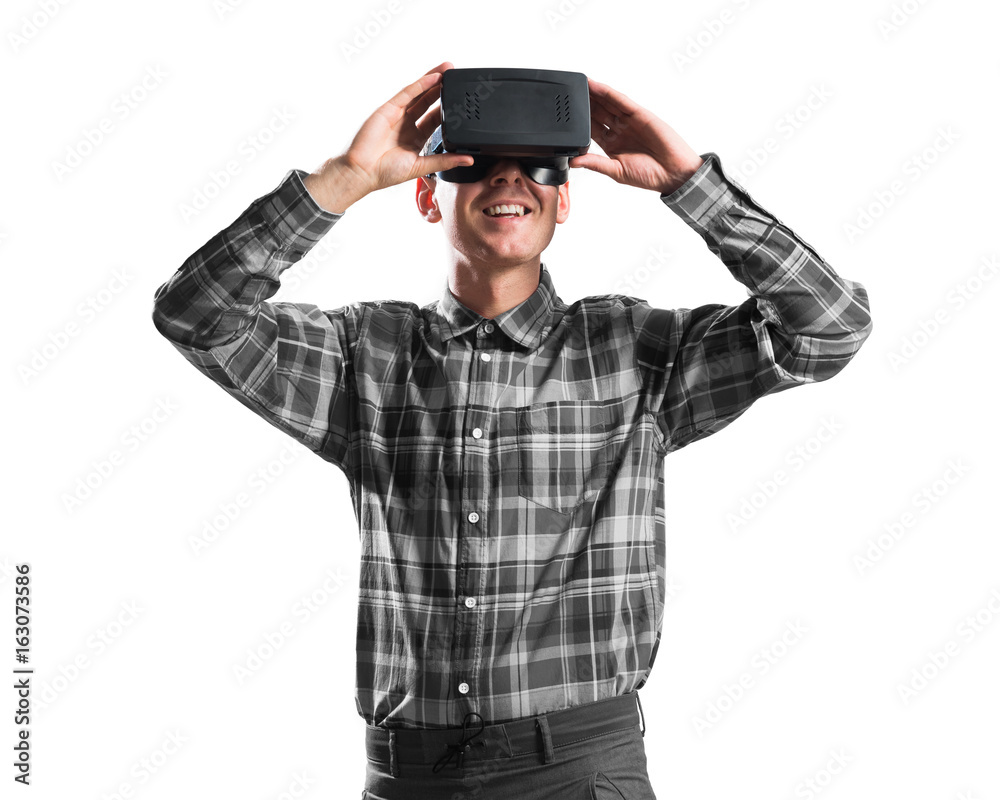 Guy wearing checked shirt and virtual mask demonstrating some emotions Guy wearing checked shirt and virtual mask demonstrating some emotions