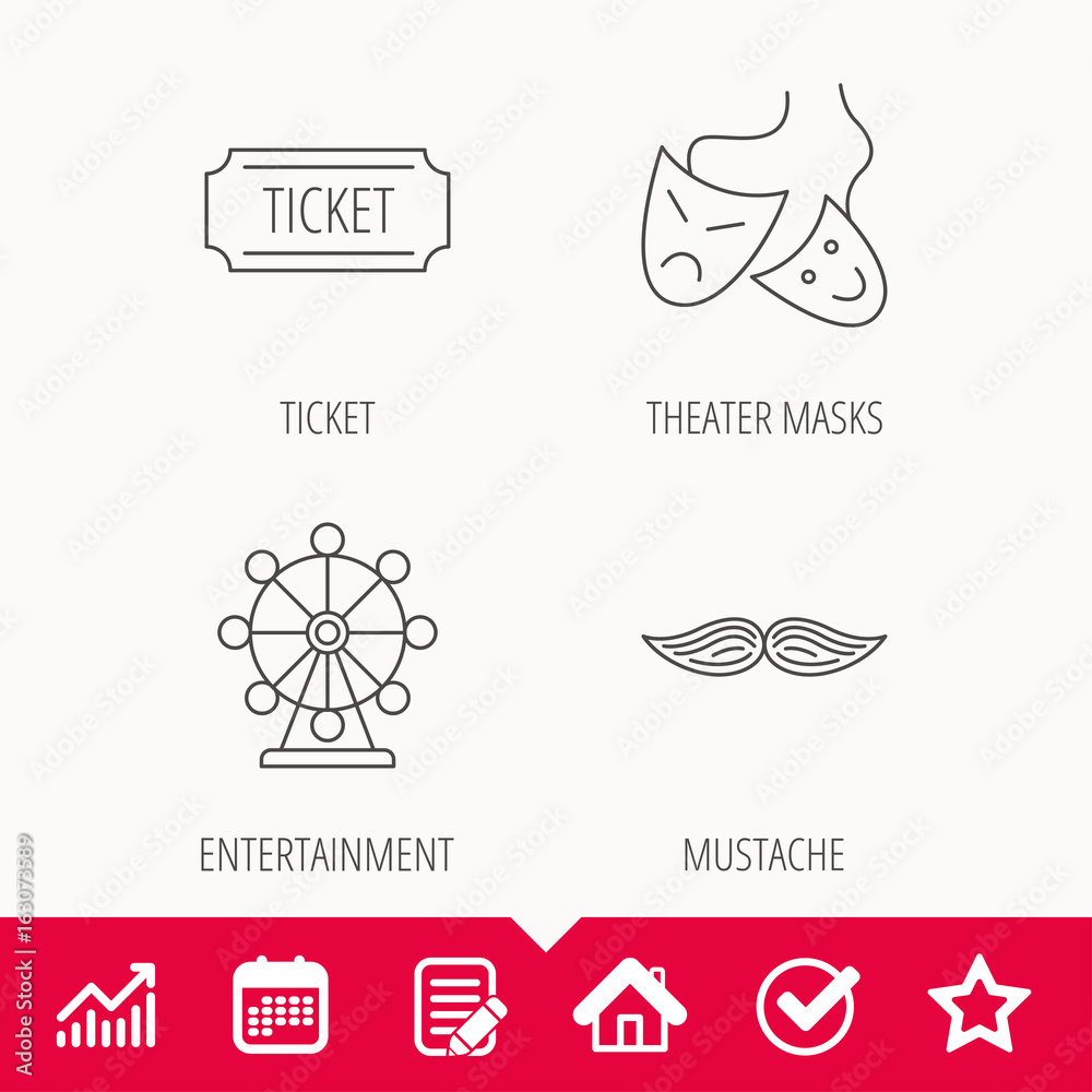 Ferris wheel, ticket and theater masks icons. Mustache linear sign. Edit document, Calendar and Graph chart signs. Star, Check and House web icons. Vector