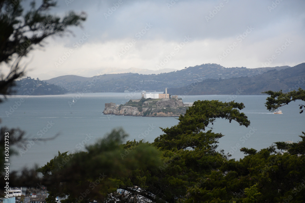 View of Alcatraz island from Pioneer Park in San Francisco, California
