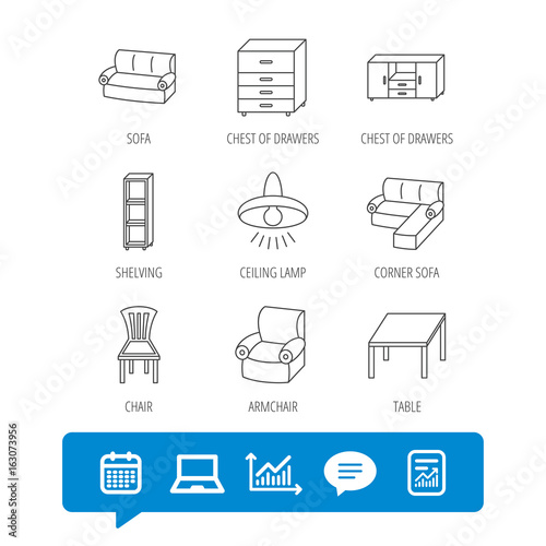 Corner sofa, table and armchair icons. Chair, ceiling lamp and chest of drawers linear signs. Shelving, furniture flat line icons. Report file, Graph chart and Chat speech bubble signs. Vector