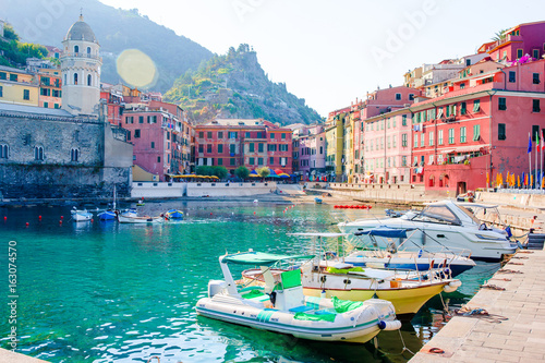 Beautiful cozy bay with boats and clear turquoise water in Italy. View of the old european small village. #163074570