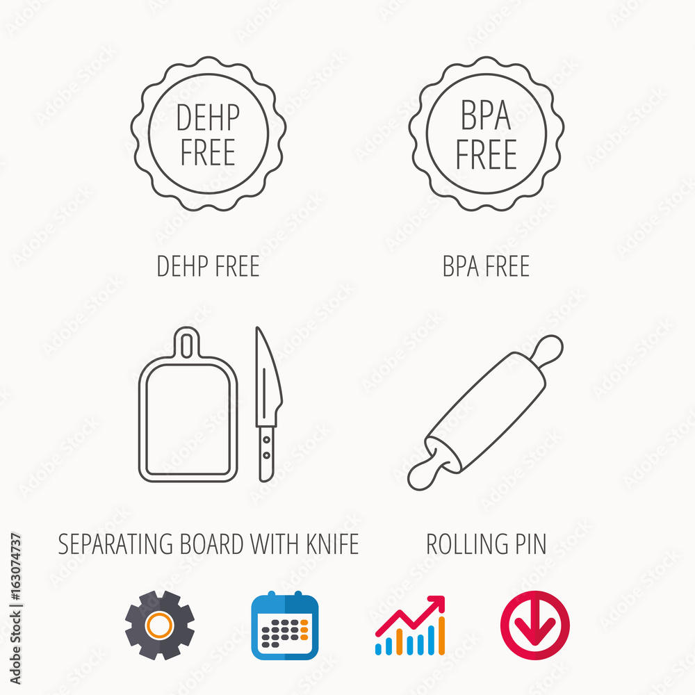 Rolling pin, separating board and knife icons. BPA, DEHP free linear signs. Calendar, Graph chart and Cogwheel signs. Download colored web icon. Vector Rolling pin, separating board and knife icons. BPA, DEHP free linear signs. Calendar, Graph chart and Cogwheel signs. Download colored web icon. Vector