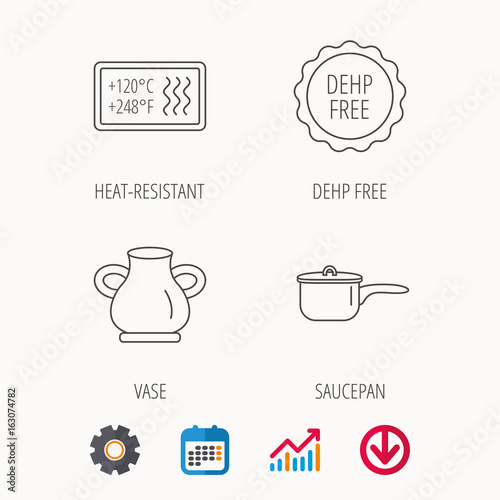 Saucepan, vase and heat-resistant icons. DEHP free linear sign. Calendar, Graph chart and Cogwheel signs. Download colored web icon. Vector