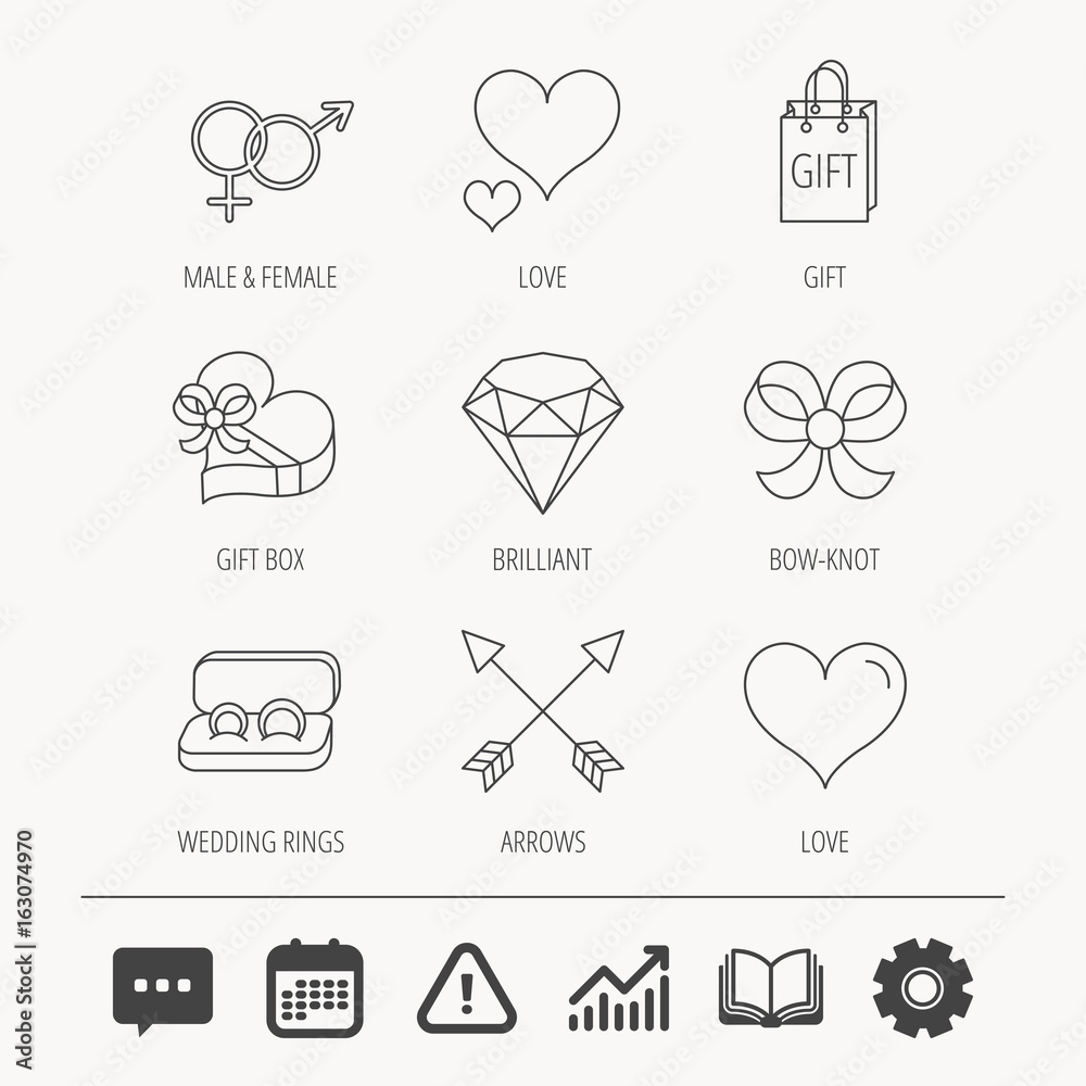 Love heart, gift box and wedding rings icons. Bow and engagement linear signs. Valentine amour arrows, brilliant flat line icons. Education book, Graph chart and Chat signs. Vector Love heart, gift box and wedding rings icons. Bow and engagement linear signs. Valentine amour arrows, brilliant flat line icons. Education book, Graph chart and Chat signs. Vector