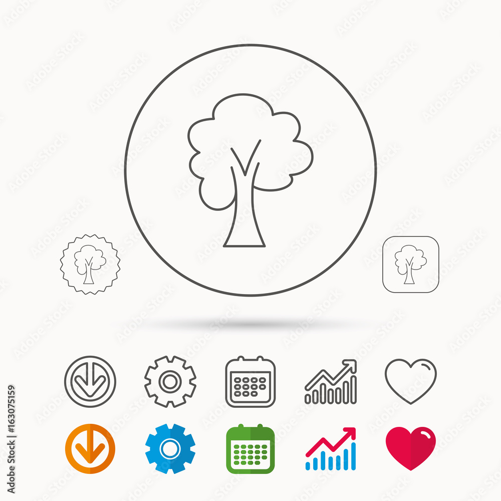 Maple tree icon. Forest wood sign. Nature environment symbol. Calendar, Graph chart and Cogwheel signs. Download and Heart love linear web icons. Vector