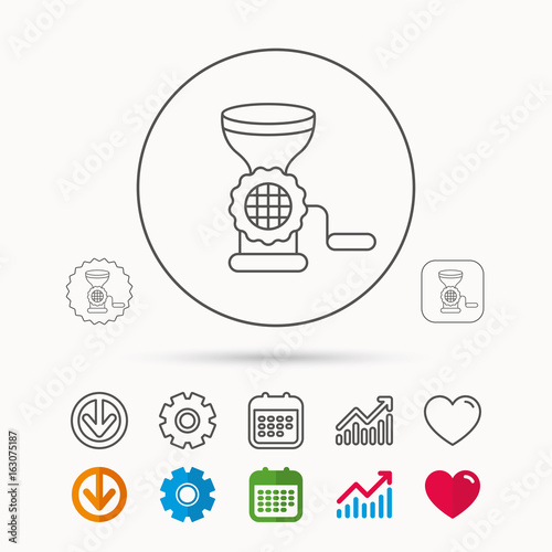 Meat grinder icon. Manual mincer sign. Kitchen tool symbol. Calendar, Graph chart and Cogwheel signs. Download and Heart love linear web icons. Vector