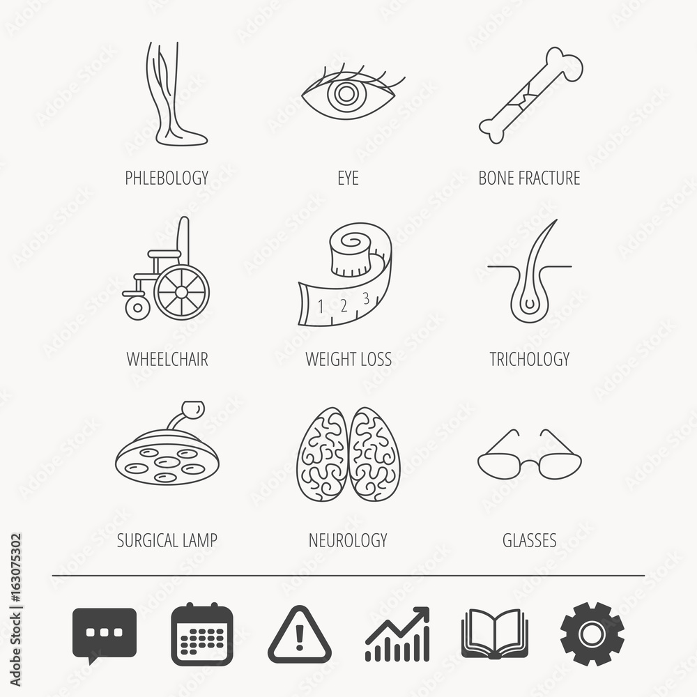 Vein varicose, neurology and trichology icons. Surgical lamp, glasses and eye linear signs. Bone fracture, wheelchair and weight loss icons. Education book, Graph chart and Chat signs. Vector