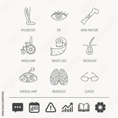 Vein varicose  neurology and trichology icons. Surgical lamp  glasses and eye linear signs. Bone fracture  wheelchair and weight loss icons. Education book  Graph chart and Chat signs. Vector