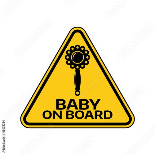 Baby on board sign with child rattle silhouette in yellow triangle on a white background. Car sticker with warning.