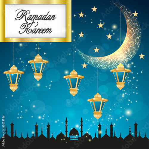 illustration of Ramadan Kareem for United Arab emirates people. Beautiful traditional calligraphy greeting card wishes for holy month Mubarak and Karim for Muslim. Translation : Ramadan Kareem