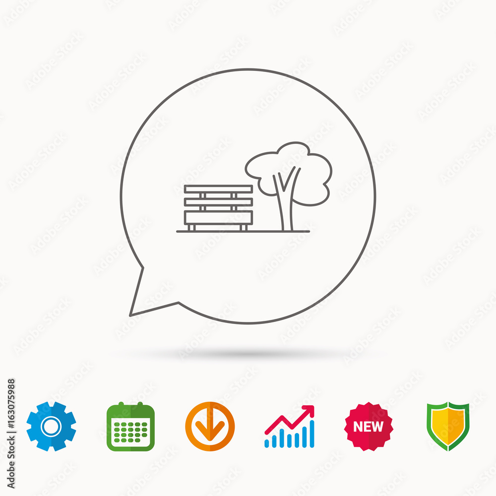 Public park icon. Tree with bench sign. Calendar, Graph chart and Cogwheel signs. Download and Shield web icons. Vector