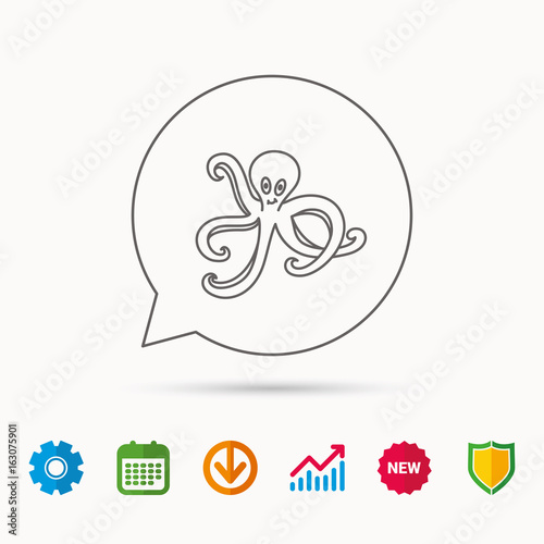 Octopus icon. Ocean devilfish sign. Calendar  Graph chart and Cogwheel signs. Download and Shield web icons. Vector