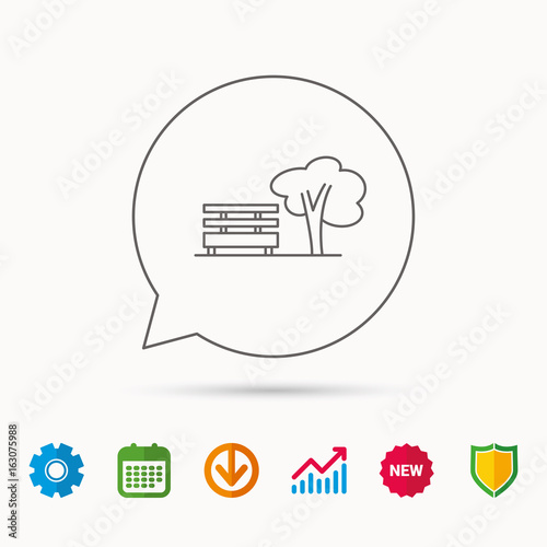 Public park icon. Tree with bench sign. Calendar, Graph chart and Cogwheel signs. Download and Shield web icons. Vector