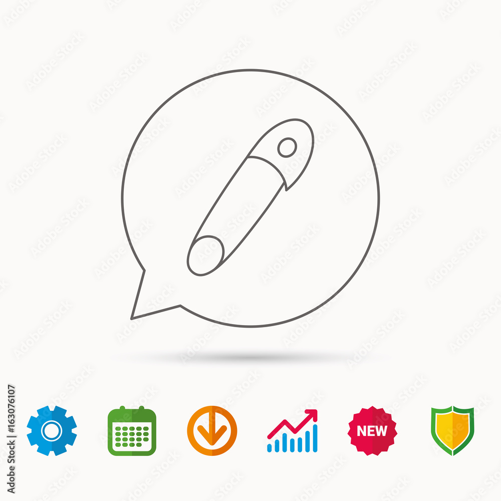 Pin icon. Stationery sign. Attachment symbol. Calendar, Graph chart and Cogwheel signs. Download and Shield web icons. Vector Pin icon. Stationery sign. Attachment symbol. Calendar, Graph chart and Cogwheel signs. Download and Shield web icons. Vector