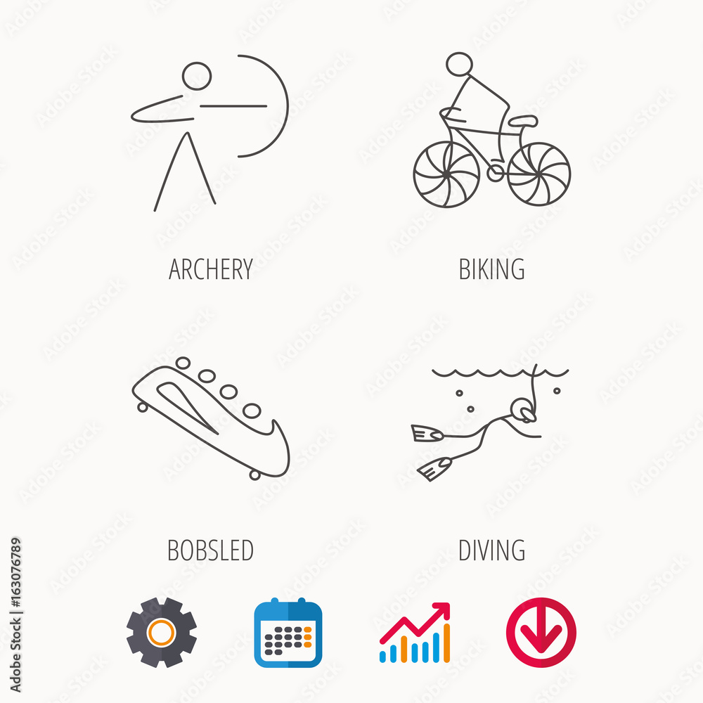Diving, biking and archery icons. Bobsled linear sign. Calendar, Graph chart and Cogwheel signs. Download colored web icon. Vector Diving, biking and archery icons. Bobsled linear sign. Calendar, Graph chart and Cogwheel signs. Download colored web icon. Vector